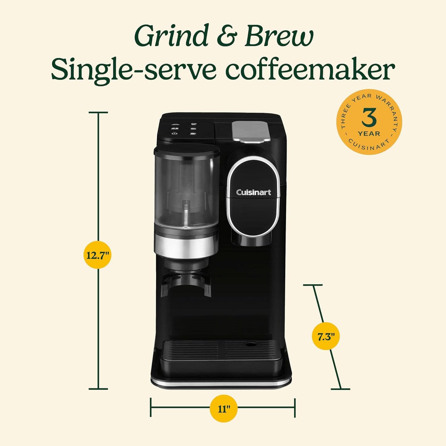Single-Serve Coffee Maker + Coffee Grinder with 8 Oz., 10 Oz., and 12 Oz. Serving Size, Compatible with Single-Cup Pods, 48-Ounce Removable Reservoir, Stainless Steel, DGB-2