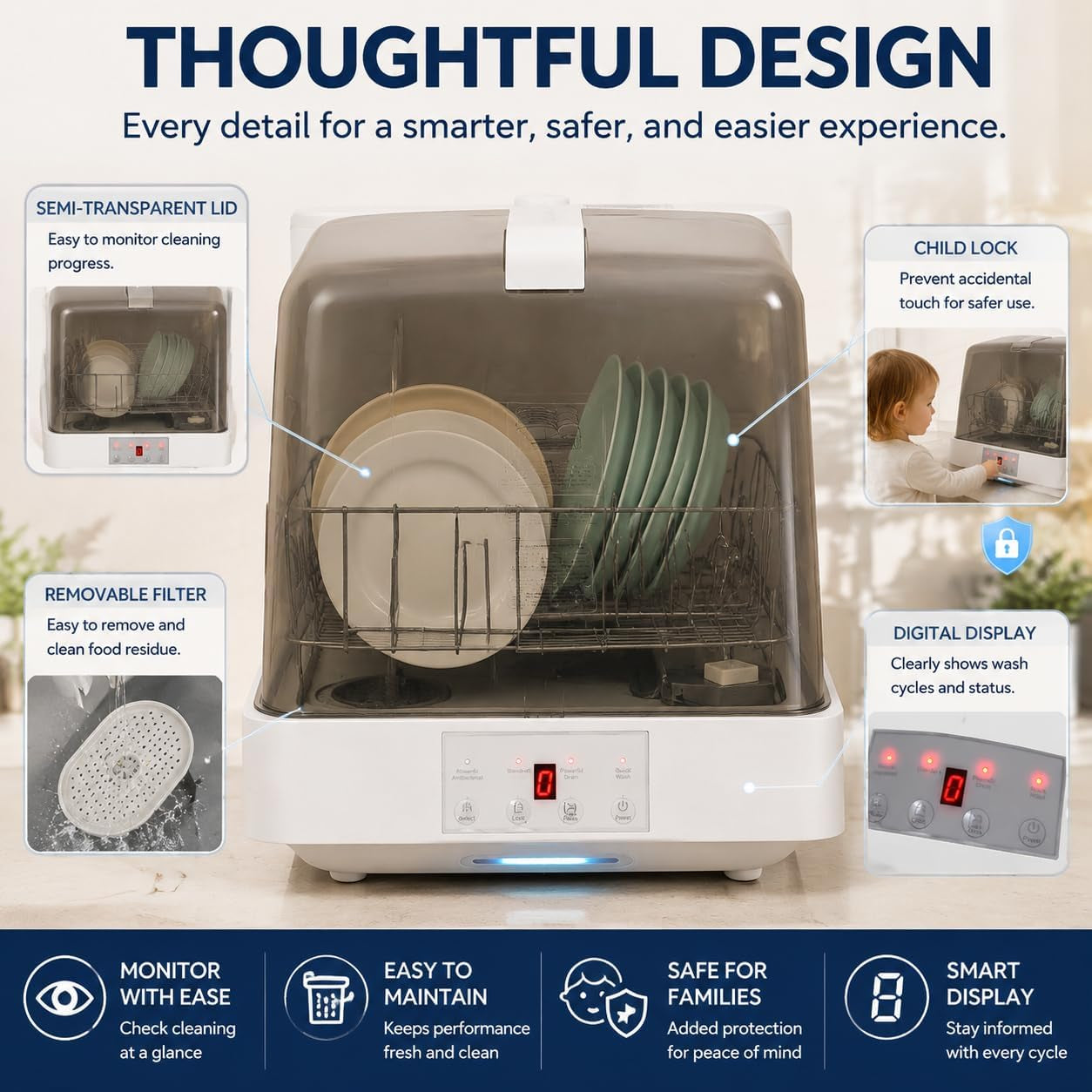 Portable Countertop Dishwasher with Water Tank,3 Modes Mini Multi-Functional Dishwasher, 149°F High-Temp Wash & 360° Spray, Compact Automatic Dishwasher for Apartments, Dorms, Rvs(White/Brown)