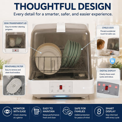 Portable Countertop Dishwasher with Water Tank,3 Modes Mini Multi-Functional Dishwasher, 149°F High-Temp Wash & 360° Spray, Compact Automatic Dishwasher for Apartments, Dorms, Rvs(White/Brown)