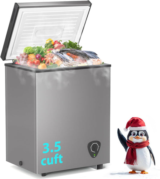 Chest Freezer, 3.5 Cubic Feet Small Deep Freezer Compact Top Open Door with Removable Basket, 7 Temperature Control Energy Saving Super Quiet for Kitchen Office Apartment Garage, Grey