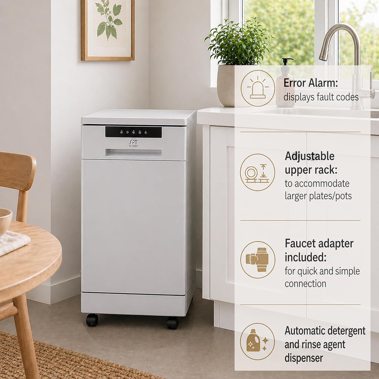 SD-9263WA 18″ Wide Portable Dishwasher with ENERGY STAR, 6 Wash Programs, 8 Place Settings and Stainless Steel Tub – White