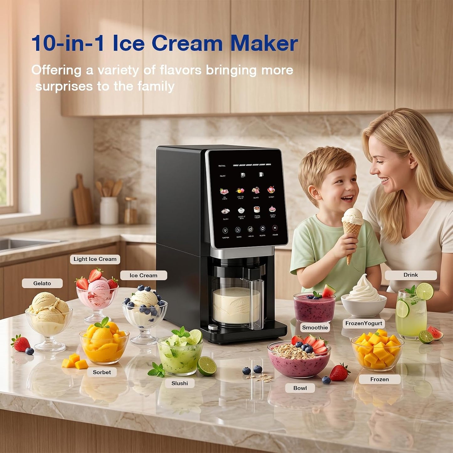 10-In-1 Ice Cream Maker Machine, 800W Frozen Treat Maker for Silky Gelato, Sorbet&Slushies, One-Touch Mix-In & Re-Spin for Creamy Texture, Keto & Vegan, Includes 3 Pints & Recipe Guide, Black