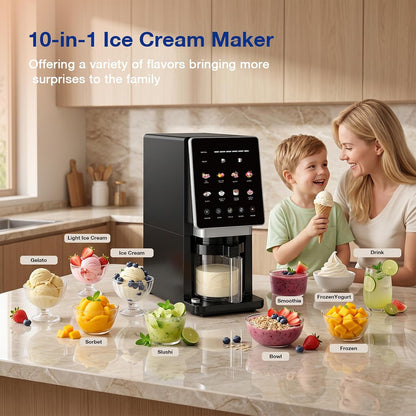 10-In-1 Ice Cream Maker Machine, 800W Frozen Treat Maker for Silky Gelato, Sorbet&Slushies, One-Touch Mix-In & Re-Spin for Creamy Texture, Keto & Vegan, Includes 3 Pints & Recipe Guide, Black