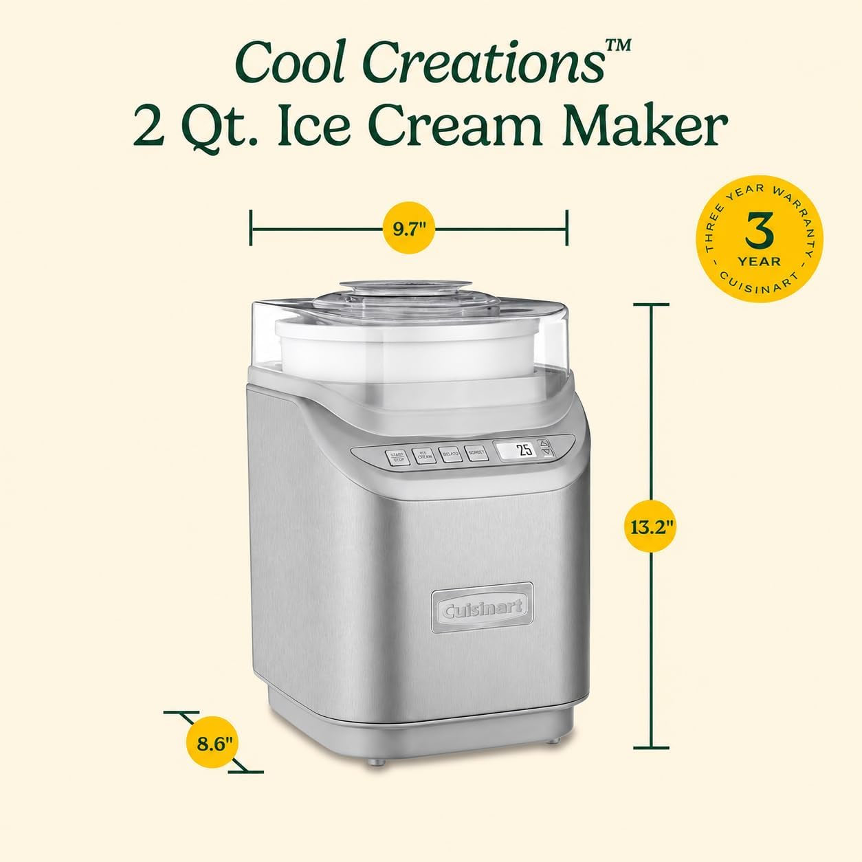 Ice Cream Maker Machine, 2-Quart Stainless Steel Frozen Yogurt, Gelato, Sorbet, Ready in 20 Minutes, LCD Screen and Timer, ICE-70WB