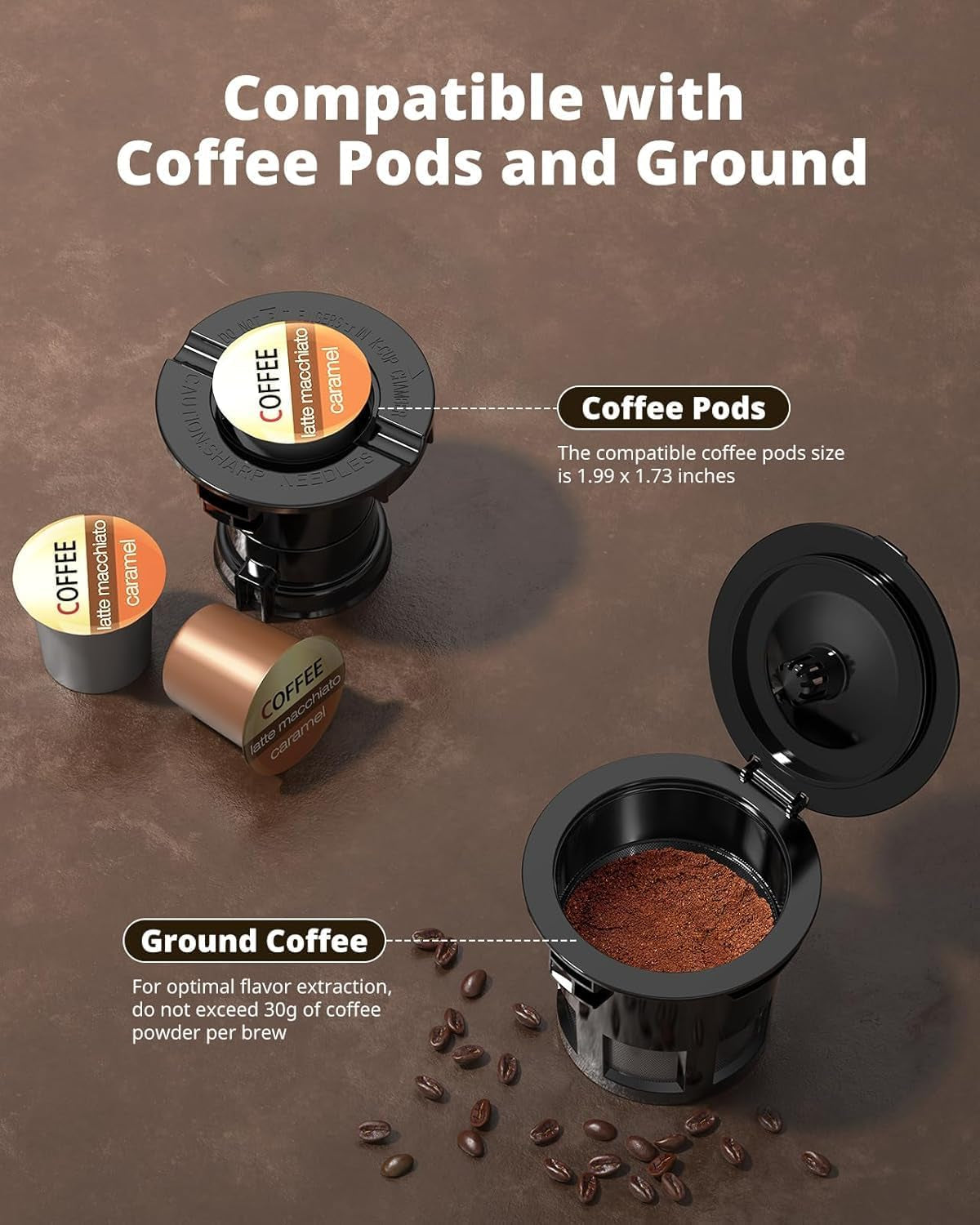 Grind and Brew Coffee Maker, Single Serve with Built-In Grinder, Compatible with K-Cup Pods & Ground Coffee, 1000W Fast 6-14 Oz Brewing, Touchscreen, 50 Oz Removable Tank