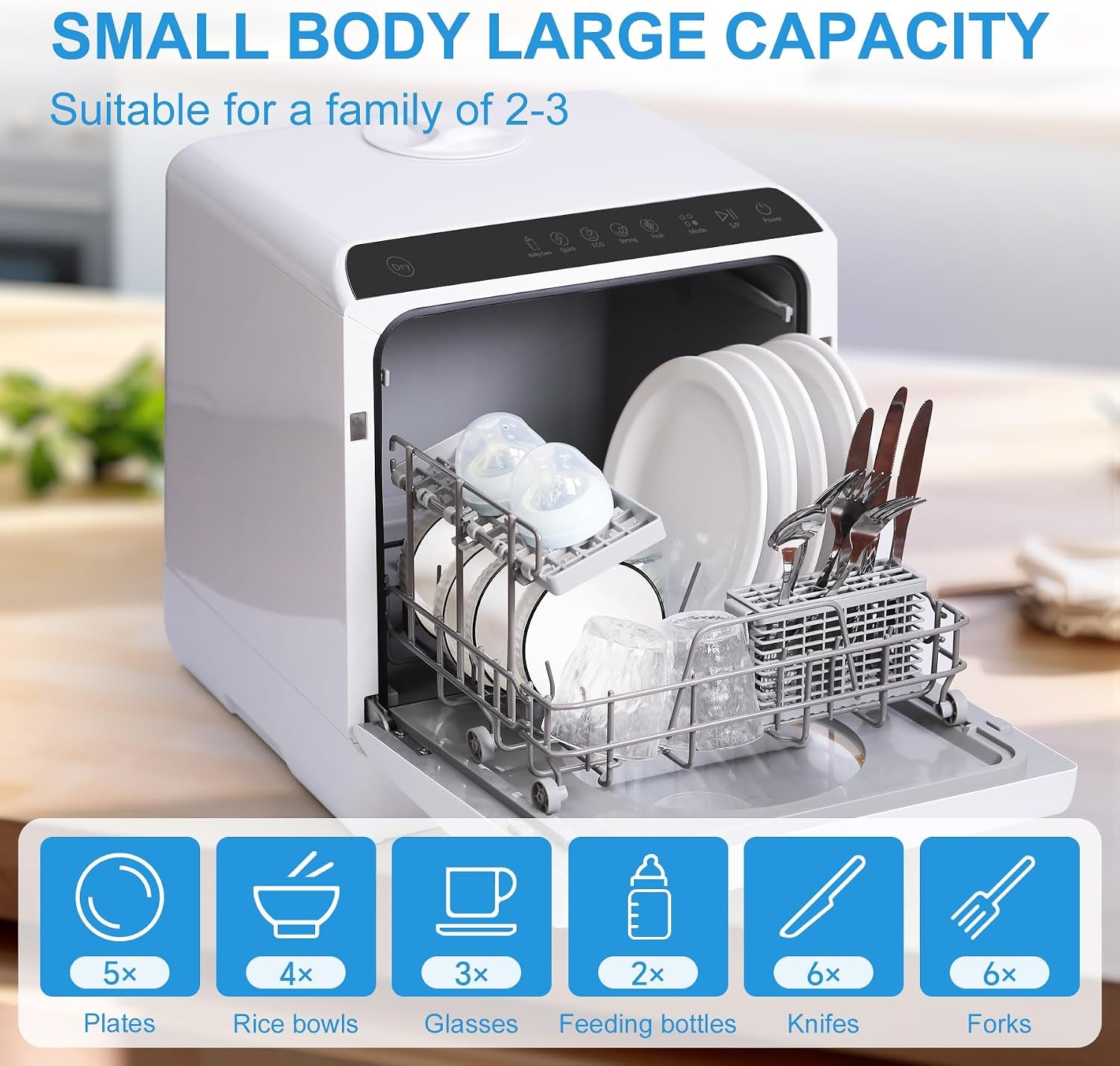 Countertop Dishwasher, Countertop Dishwasher with Water Tank, Dryer, Upper and Lower Double Spray Arms, 360-Degree Cleaning. Lavaplatos Can Also Be Connected to Faucets.
