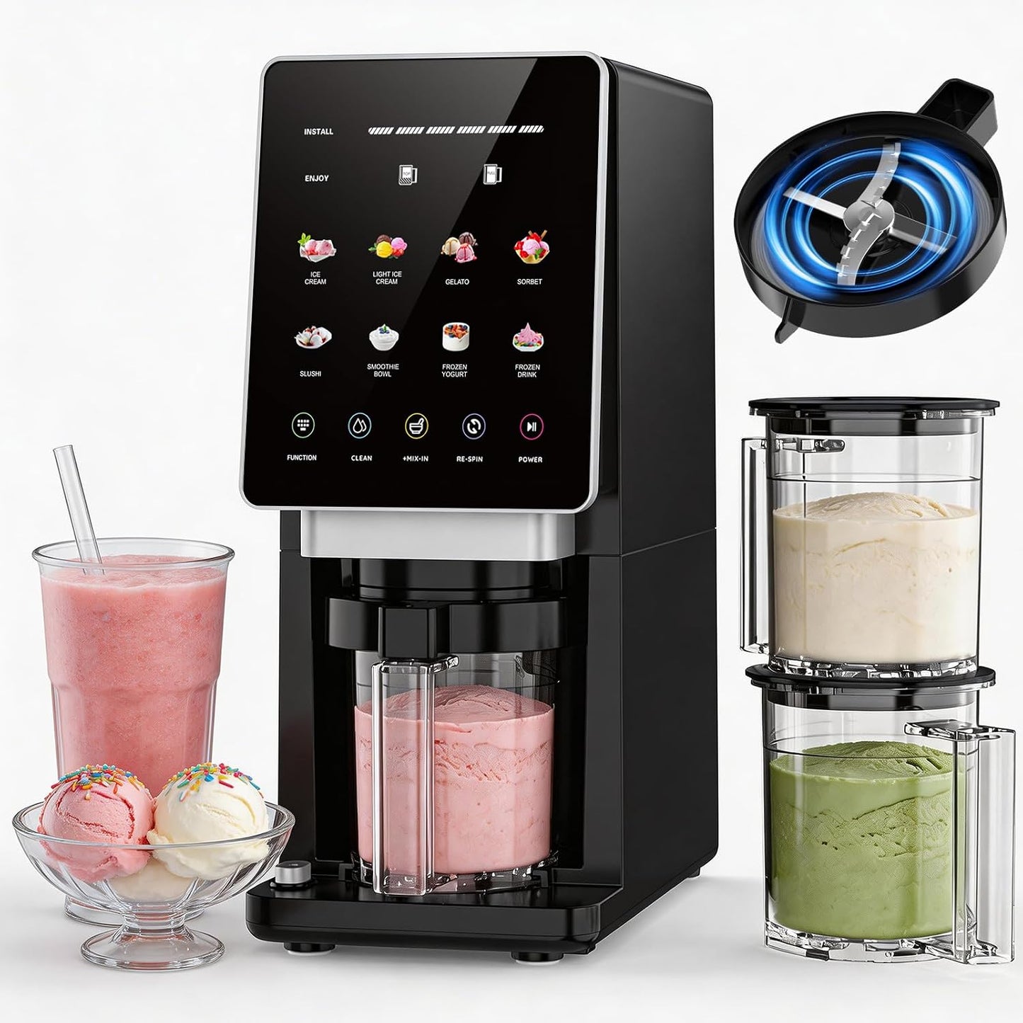 10-In-1 Ice Cream Maker Machine, 800W Frozen Treat Maker for Silky Gelato, Sorbet&Slushies, One-Touch Mix-In & Re-Spin for Creamy Texture, Keto & Vegan, Includes 3 Pints & Recipe Guide, Black