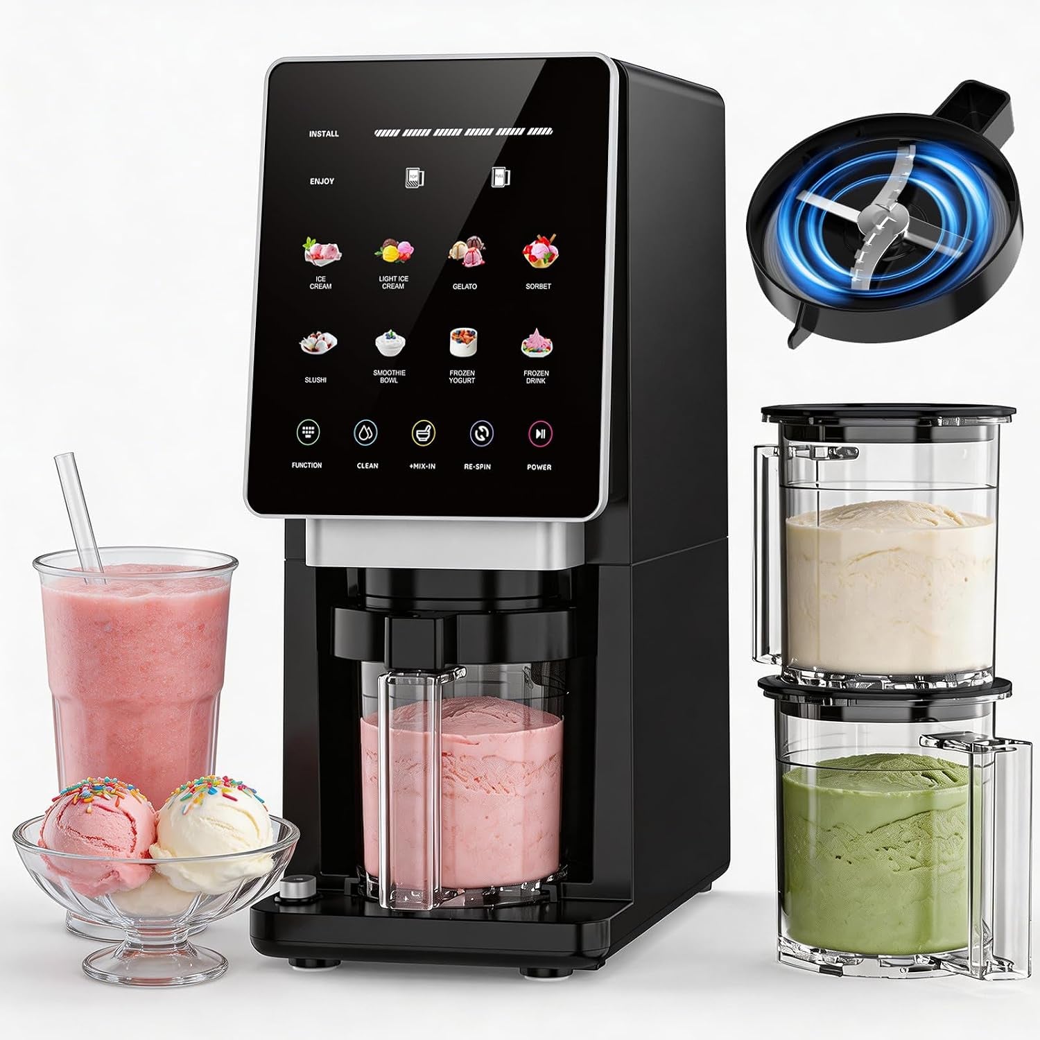10-In-1 Ice Cream Maker Machine, 800W Frozen Treat Maker for Silky Gelato, Sorbet&Slushies, One-Touch Mix-In & Re-Spin for Creamy Texture, Keto & Vegan, Includes 3 Pints & Recipe Guide, Black