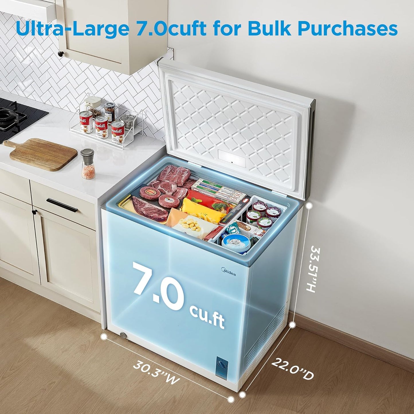 Midea 7.0 Cu.Ft Chest Freezer, Fridge Freezer Convertible with LED Light