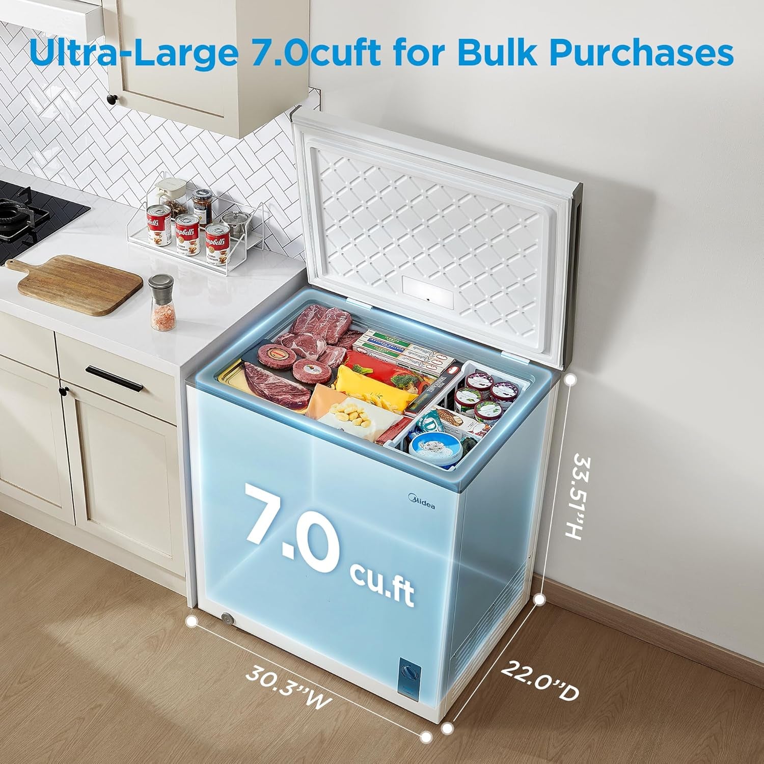 Midea 7.0 Cu.Ft Chest Freezer, Fridge Freezer Convertible with LED Light