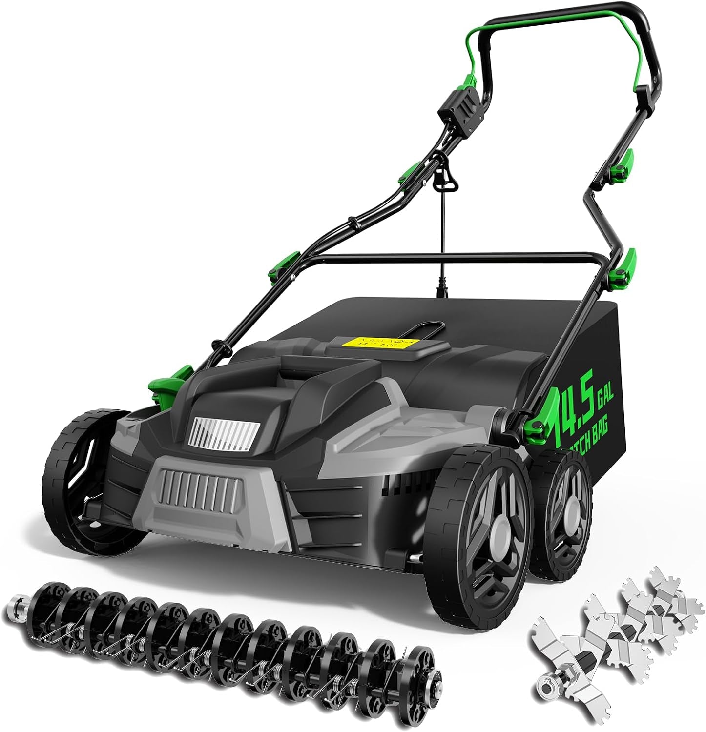 2026 Upgrade 16-Inch 15.5 Amp 2-In-1 Electric Dethatcher and Scarifier with 14.5-Gallon Collection Bag, Lawn Dethatcher with 5-Position Depth Adjustment, Keeps Lawn Healthy - Green