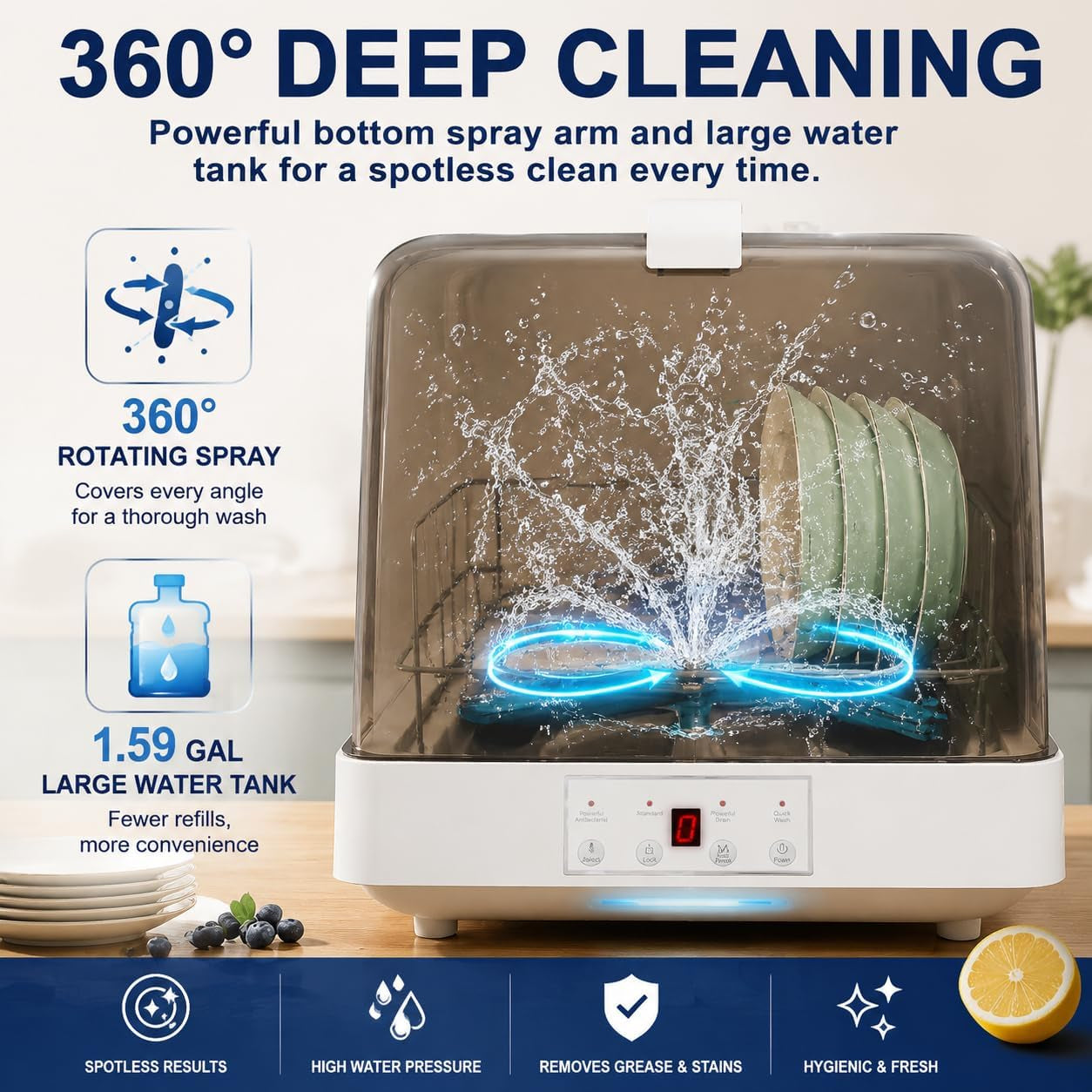 Portable Countertop Dishwasher with Water Tank,3 Modes Mini Multi-Functional Dishwasher, 149°F High-Temp Wash & 360° Spray, Compact Automatic Dishwasher for Apartments, Dorms, Rvs(White/Brown)