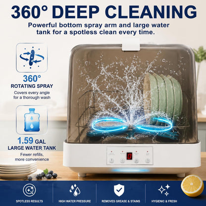 Portable Countertop Dishwasher with Water Tank,3 Modes Mini Multi-Functional Dishwasher, 149°F High-Temp Wash & 360° Spray, Compact Automatic Dishwasher for Apartments, Dorms, Rvs(White/Brown)