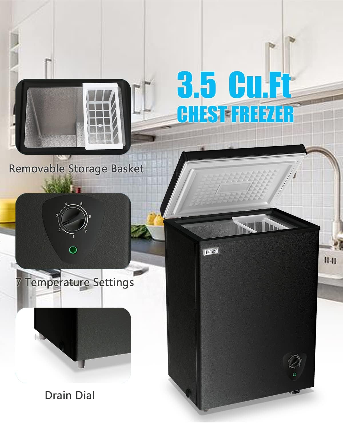 Chest Freezer 3.5 Cu.Ft Small Deep Freezer for Apartment Kitchen, Black