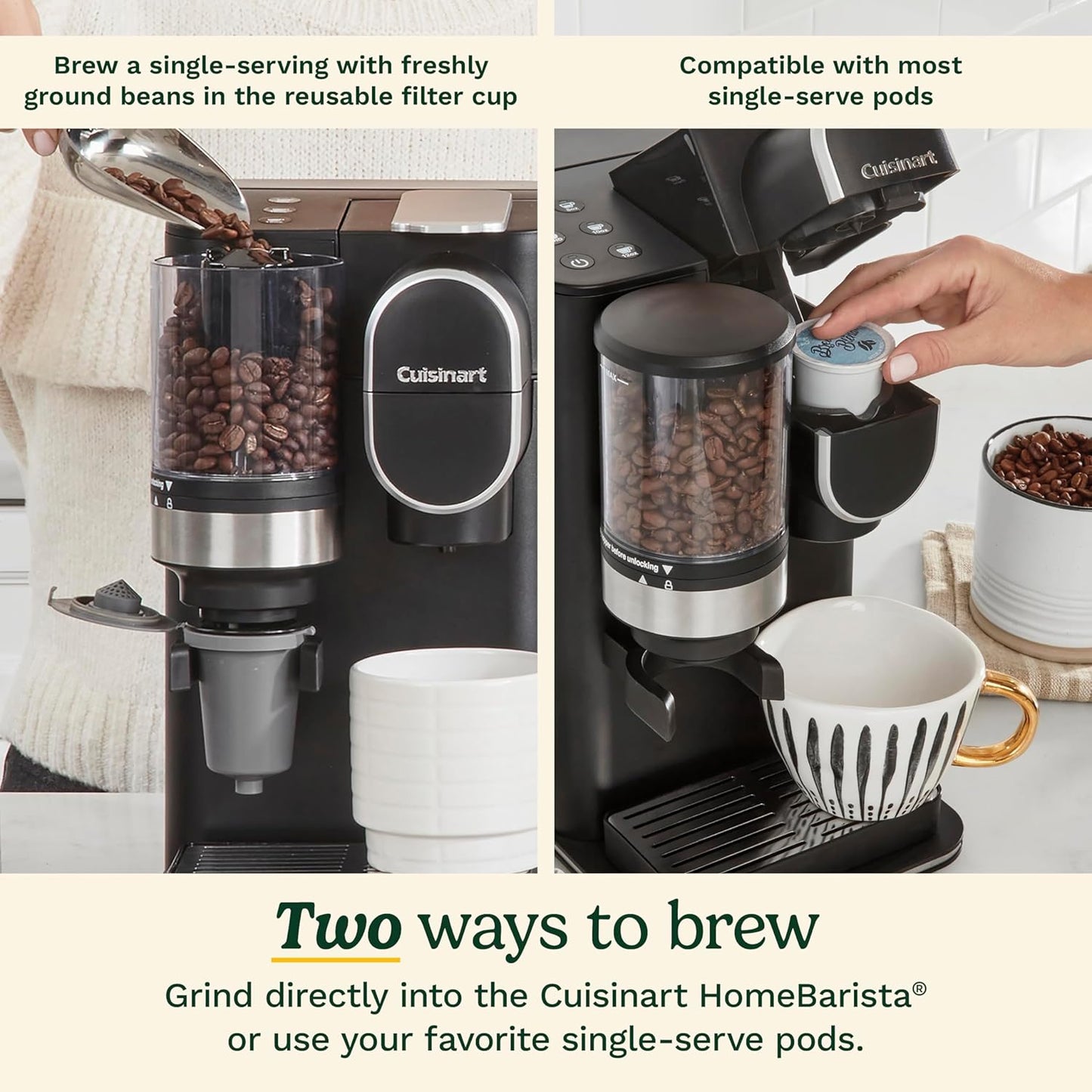 Single-Serve Coffee Maker + Coffee Grinder with 8 Oz., 10 Oz., and 12 Oz. Serving Size, Compatible with Single-Cup Pods, 48-Ounce Removable Reservoir, Stainless Steel, DGB-2
