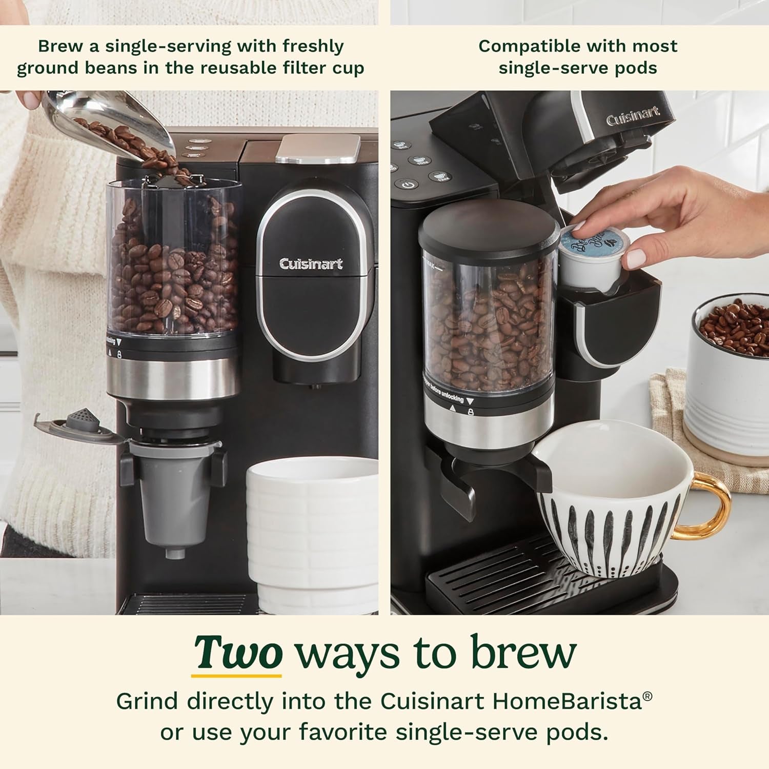Single-Serve Coffee Maker + Coffee Grinder with 8 Oz., 10 Oz., and 12 Oz. Serving Size, Compatible with Single-Cup Pods, 48-Ounce Removable Reservoir, Stainless Steel, DGB-2