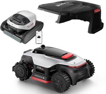 Lidar Robot Lawn Mower A3 AWD Pro 3500 +Garage+Z1 Robotic Pool Cleaner Set, Wire Free No RTK Robotic Lawn Mowers,Dual-Disc Cutting 15.8" Width, Smart Zero-Edge, App Control for 0.87 Acre