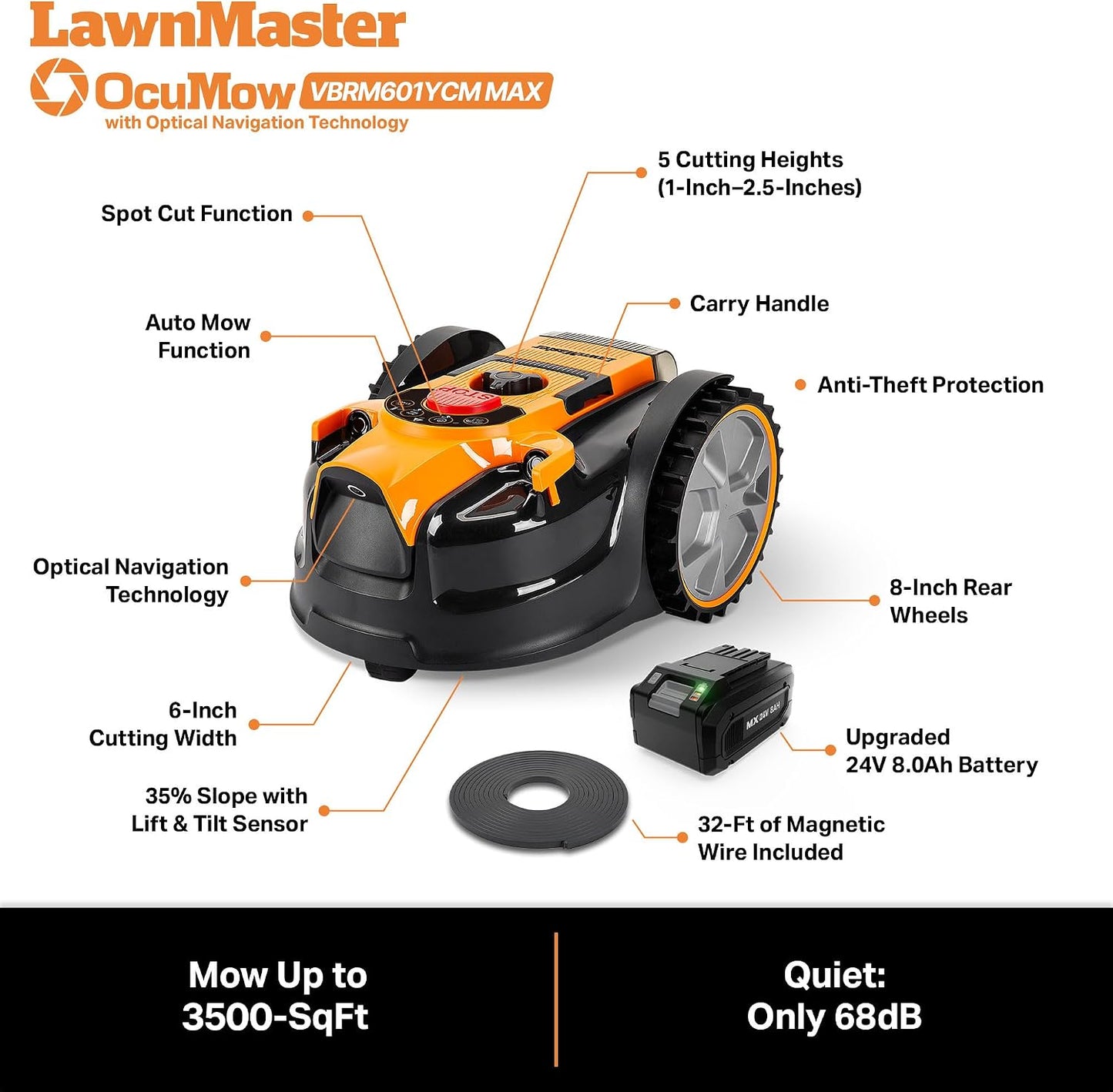 Ocumow™ VBRM601YCM MAX Perimeter Wire Free Robot Lawn Mower Cuts Small Lawns 2000-3500 Square Feet with Optical Navigation, Obstacle Avoidance, Low Noise and No Go Function