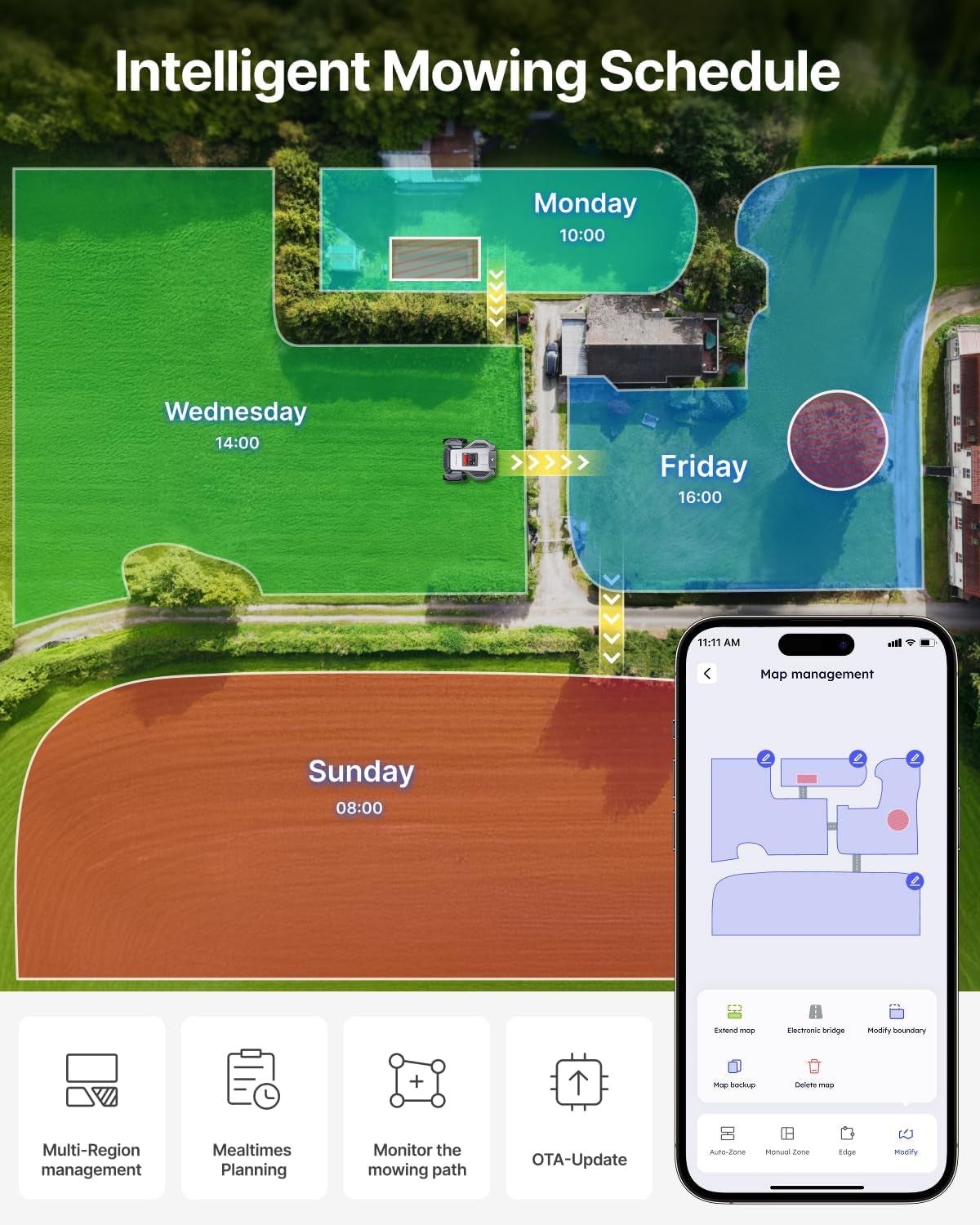 M5 Robot Lawn Mower 1/8 Acre with Garage, Dual Vision+Full-Band NRTK Robotic Lawnmower, No Perimeter Wire, App Control Obstacle Avoidance, 45% Slope, Cutting Height, Multi-Zone Mapping