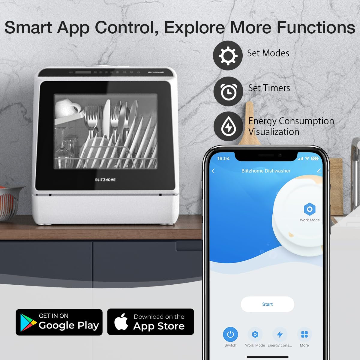 Portable Dishwasher Countertop, WIFI Smart Dishwasher, Compact Dishwashers with 5L Built-In Water Tank, 6 Programs, 360° Dual Spray, High-Temp& Air-Dry Function, Fruit Cleaning