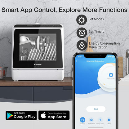 Portable Dishwasher Countertop, WIFI Smart Dishwasher, Compact Dishwashers with 5L Built-In Water Tank, 6 Programs, 360° Dual Spray, High-Temp& Air-Dry Function, Fruit Cleaning