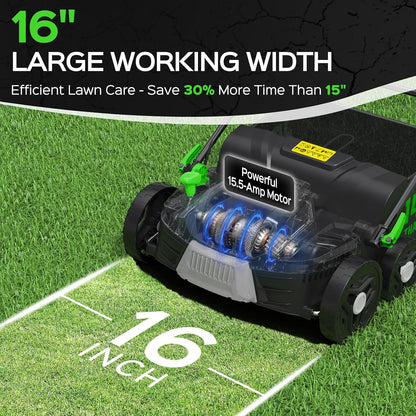 2026 Upgrade 16-Inch 15.5 Amp 2-In-1 Electric Dethatcher and Scarifier with 14.5-Gallon Collection Bag, Lawn Dethatcher with 5-Position Depth Adjustment, Keeps Lawn Healthy - Green