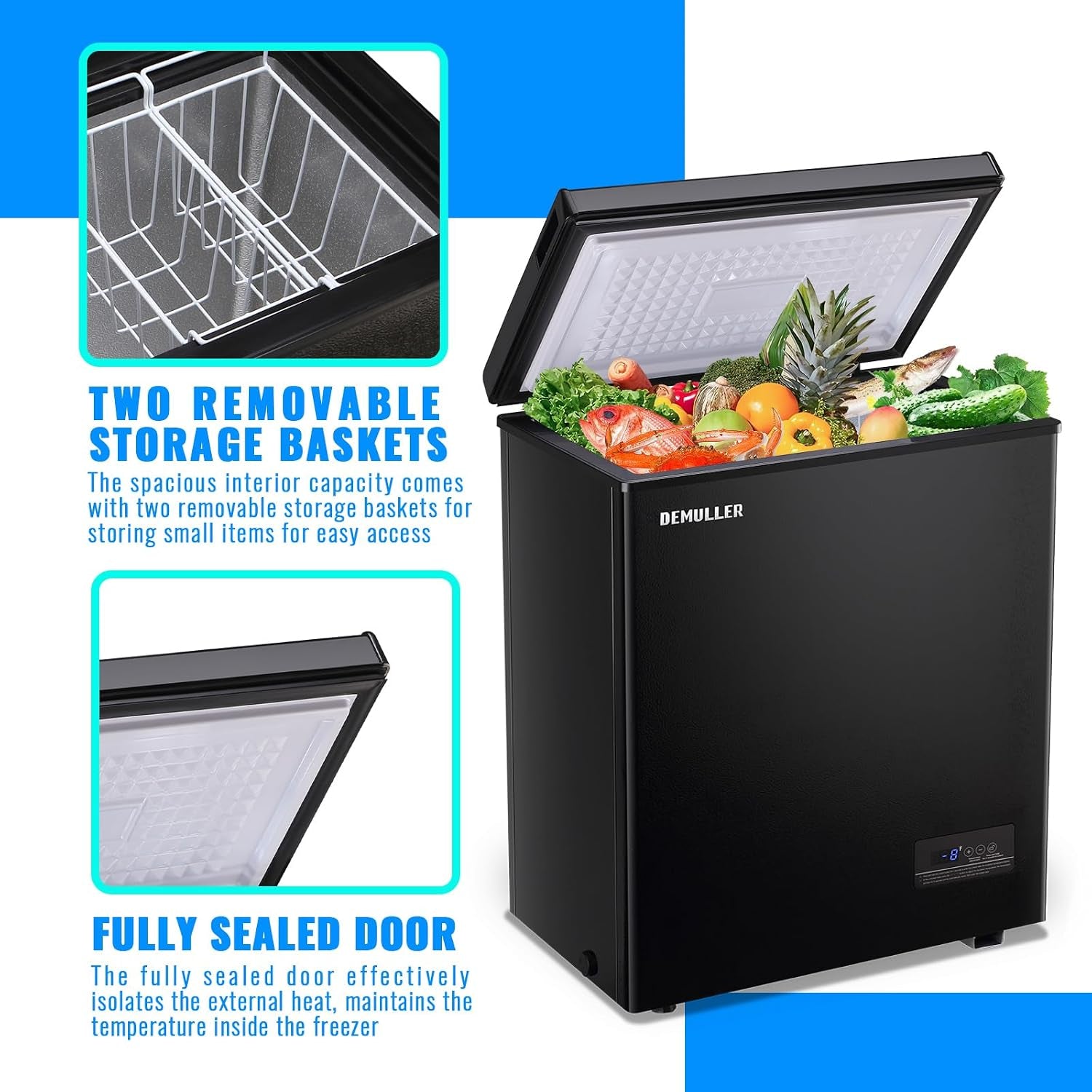 Chest Freezer 4.0 CU. FT Ultra-Low Temperature Deep Freezers (Down to -12 ℉) with TWO Removable Baskets Accurate Display of Cabinet Temp Freestanding Black