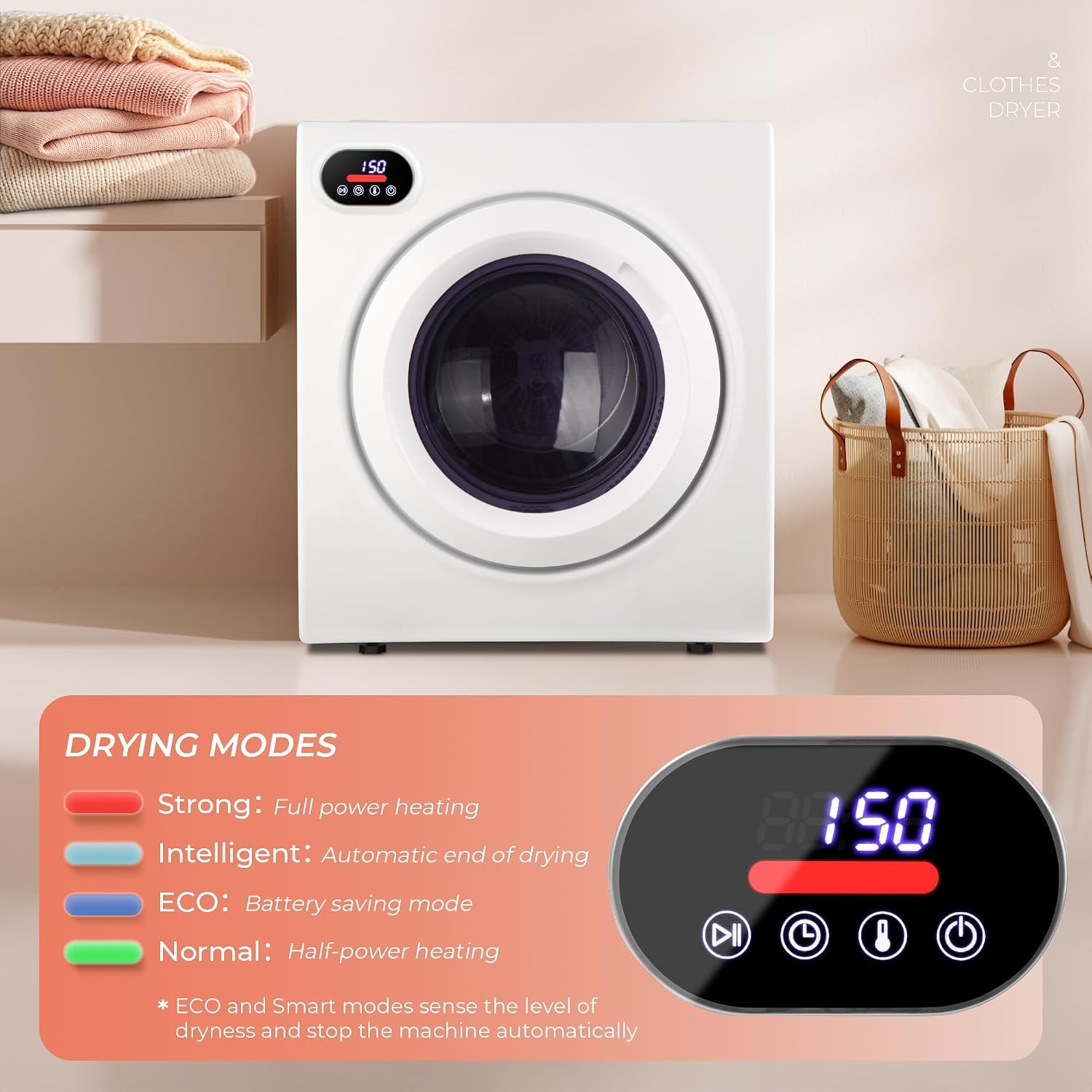 2.65 Cu. Ft. Portable Dryer for Clothes, 1400W Dryer with LCD Panel