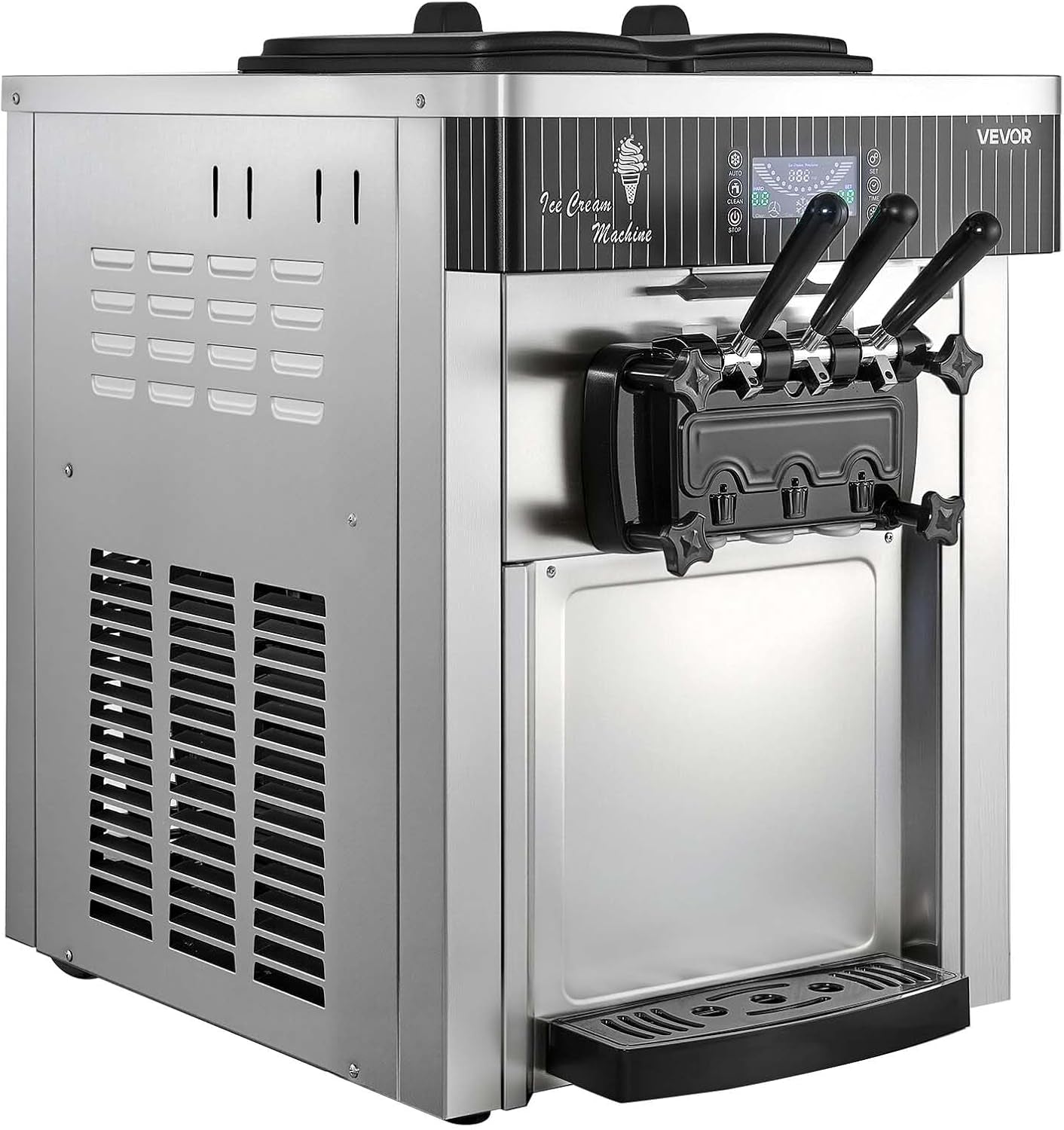 Commercial Ice Cream Machine, 20-28L/H Yield, 2200W 3-Flavor Countertop Soft Serve Ice Cream Maker with 2 X 6L Hoppers & Hopper Agitation, Pre-Cooling Self-Cleaning for Snack Dessert Shops