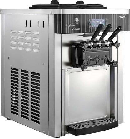 Commercial Ice Cream Machine, 20-28L/H Yield, 2200W 3-Flavor Countertop Soft Serve Ice Cream Maker with 2 X 6L Hoppers & Hopper Agitation, Pre-Cooling Self-Cleaning for Snack Dessert Shops