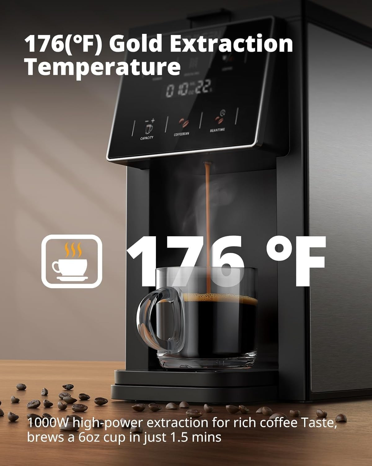 Grind and Brew Coffee Maker, Single Serve with Built-In Grinder, Compatible with K-Cup Pods & Ground Coffee, 1000W Fast 6-14 Oz Brewing, Touchscreen, 50 Oz Removable Tank