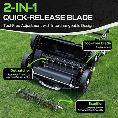 2026 Upgrade 16-Inch 15.5 Amp 2-In-1 Electric Dethatcher and Scarifier with 14.5-Gallon Collection Bag, Lawn Dethatcher with 5-Position Depth Adjustment, Keeps Lawn Healthy - Green