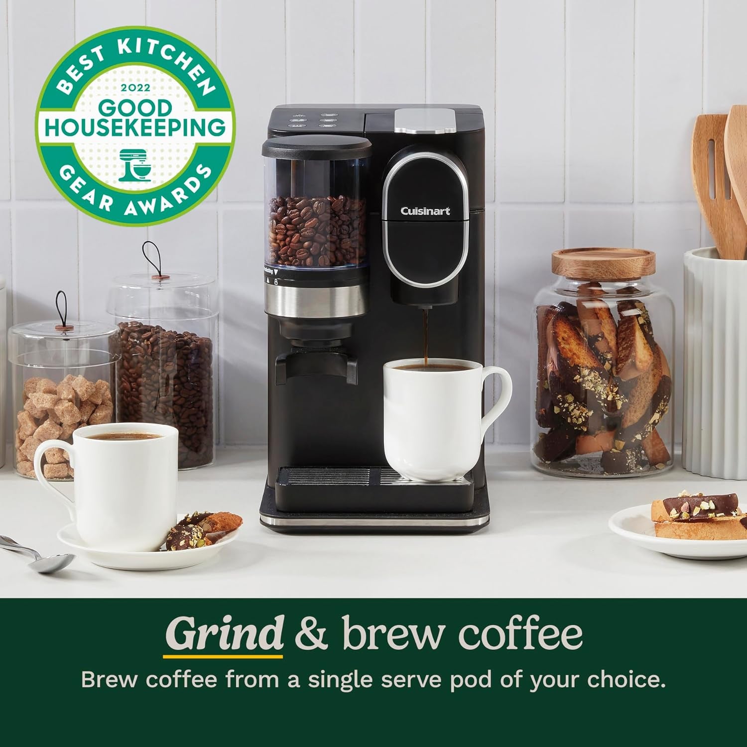 Single-Serve Coffee Maker + Coffee Grinder with 8 Oz., 10 Oz., and 12 Oz. Serving Size, Compatible with Single-Cup Pods, 48-Ounce Removable Reservoir, Stainless Steel, DGB-2