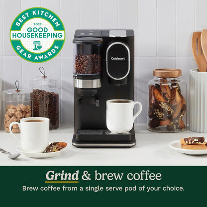 Single-Serve Coffee Maker + Coffee Grinder with 8 Oz., 10 Oz., and 12 Oz. Serving Size, Compatible with Single-Cup Pods, 48-Ounce Removable Reservoir, Stainless Steel, DGB-2