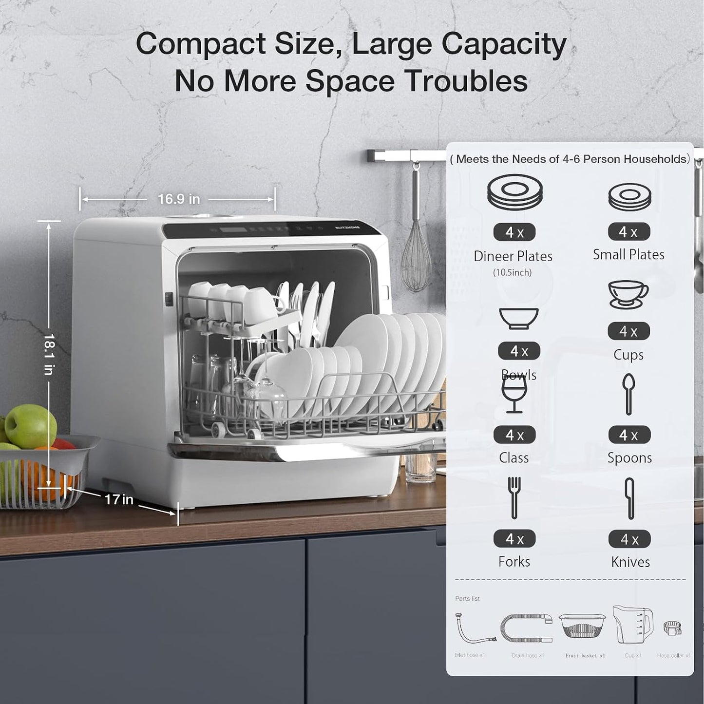 Portable Dishwasher Countertop, WIFI Smart Dishwasher, Compact Dishwashers with 5L Built-In Water Tank, 6 Programs, 360° Dual Spray, High-Temp& Air-Dry Function, Fruit Cleaning