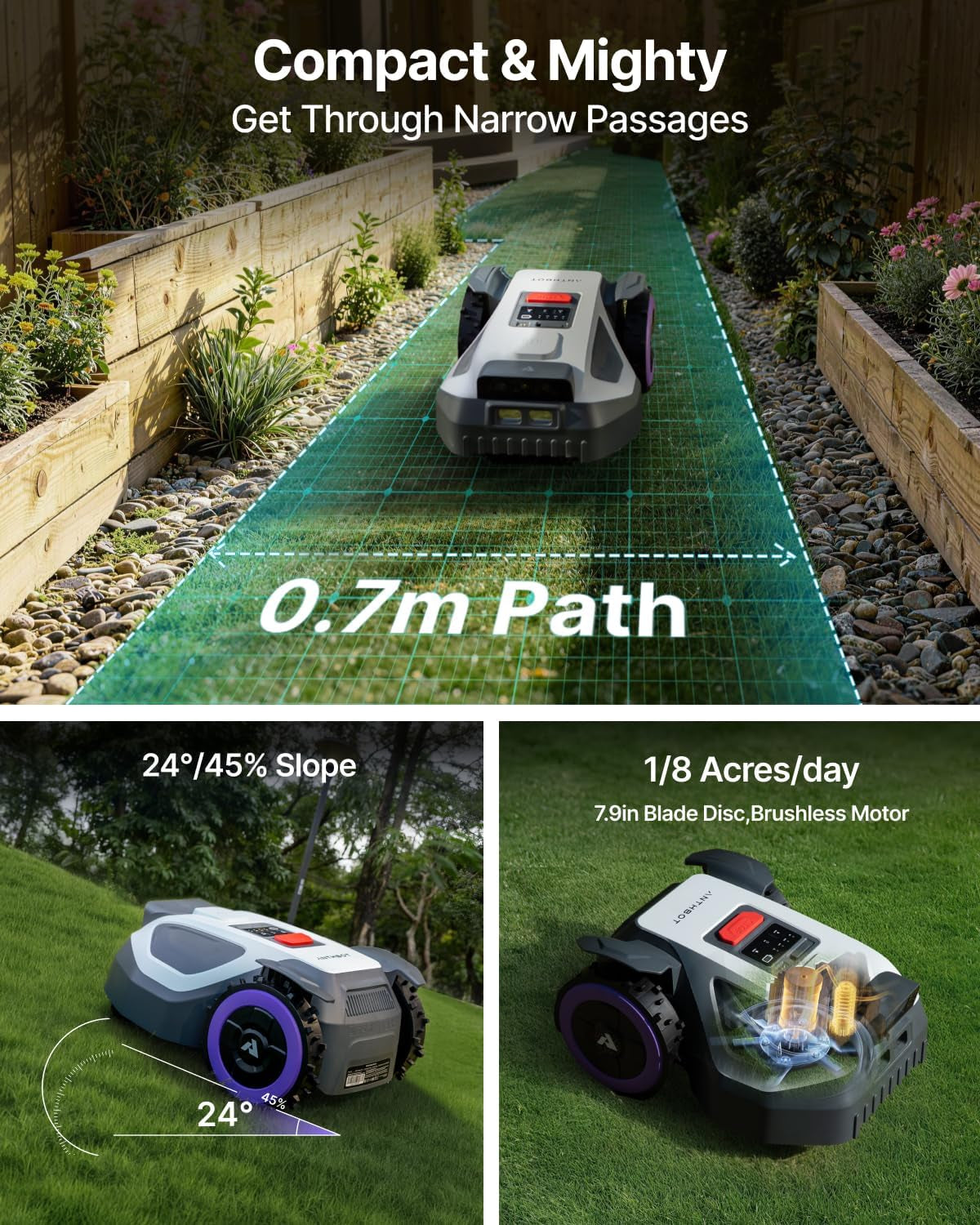 M5 Robot Lawn Mower 1/8 Acre with Garage, Dual Vision+Full-Band NRTK Robotic Lawnmower, No Perimeter Wire, App Control Obstacle Avoidance, 45% Slope, Cutting Height, Multi-Zone Mapping