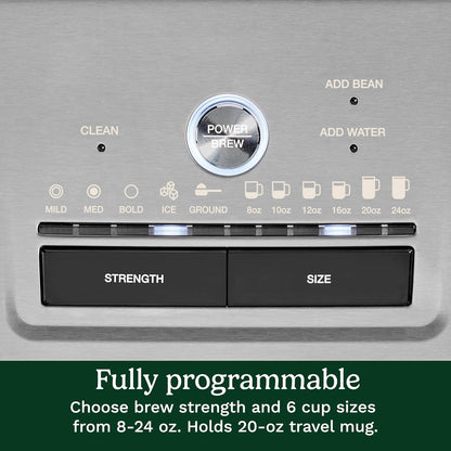 Coffee Maker, Grind and Brew Single Serve Coffee Maker, 6 Cup Sizes, Built-In Stainless Steel Burr Mill, Adjustable Strength, Grind Control and over Ice Feature, Easy Cleaning, DGB-30