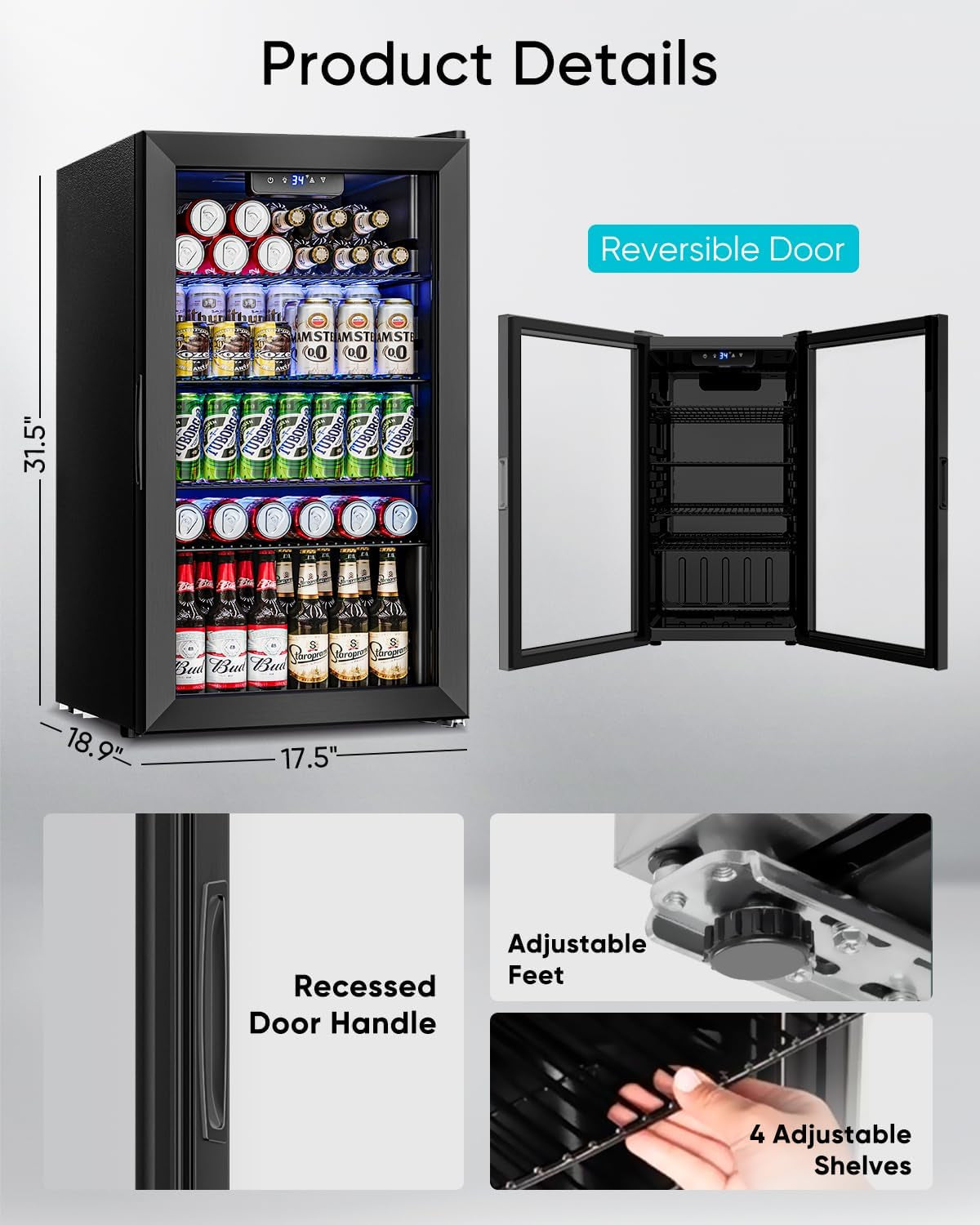 3.2 Cu.Ft Mini Fridge with Glass Door - 126 Can Beverage Refrigerator Cooler for Drink Beer Wine Soda, Small Fridge for Bedroom Office Bar Dorm, 4 Adjustable Shelves, Black