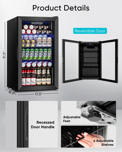 3.2 Cu.Ft Mini Fridge with Glass Door - 126 Can Beverage Refrigerator Cooler for Drink Beer Wine Soda, Small Fridge for Bedroom Office Bar Dorm, 4 Adjustable Shelves, Black