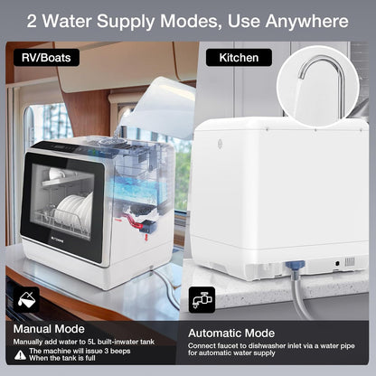 Portable Dishwasher Countertop, WIFI Smart Dishwasher, Compact Dishwashers with 5L Built-In Water Tank, 6 Programs, 360° Dual Spray, High-Temp& Air-Dry Function, Fruit Cleaning