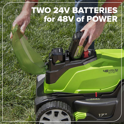 Greenworks 48V (24V X 2) 17In Push Lawn Mower, (2) 4.0 Ah Batteries Kit