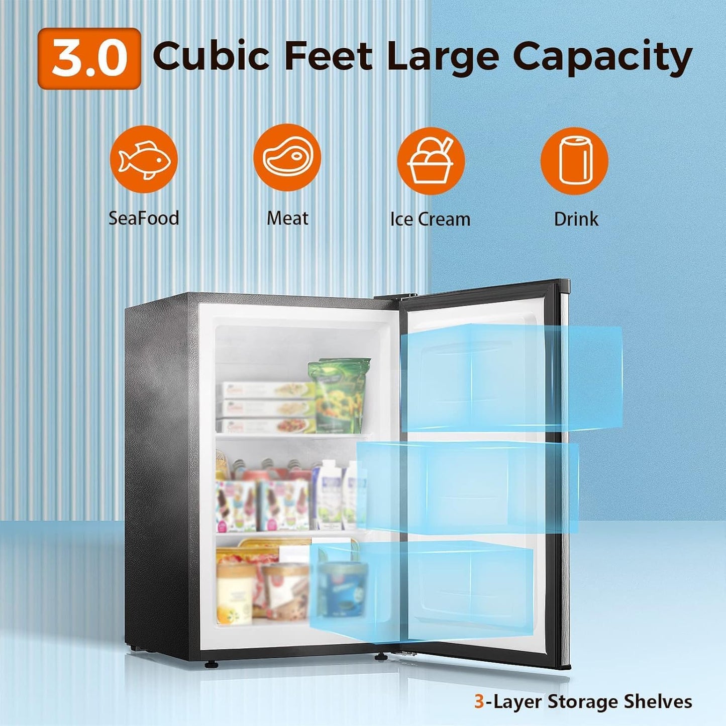Small Freezer Upright, 3.0 Cu.Ft Mini Freezer, Stainless Steel