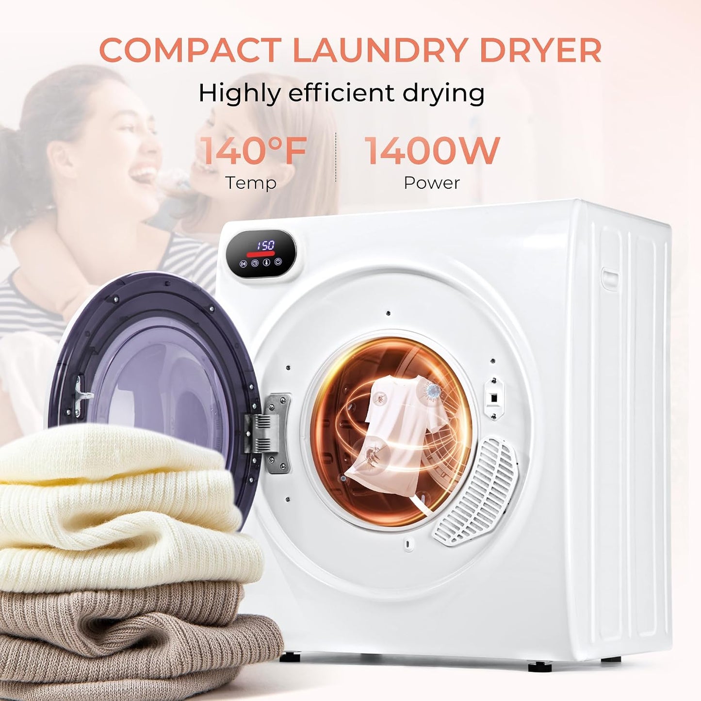 2.65 Cu. Ft. Portable Dryer for Clothes, 1400W Dryer with LCD Panel