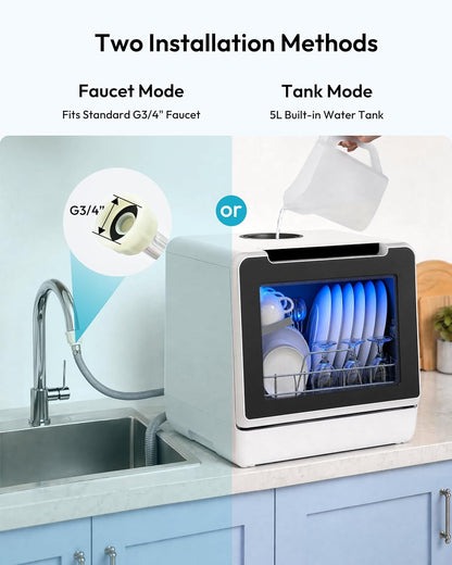 Countertop Dishwasher Portable, 8 Programs with 5L Tank, Black, 40Db