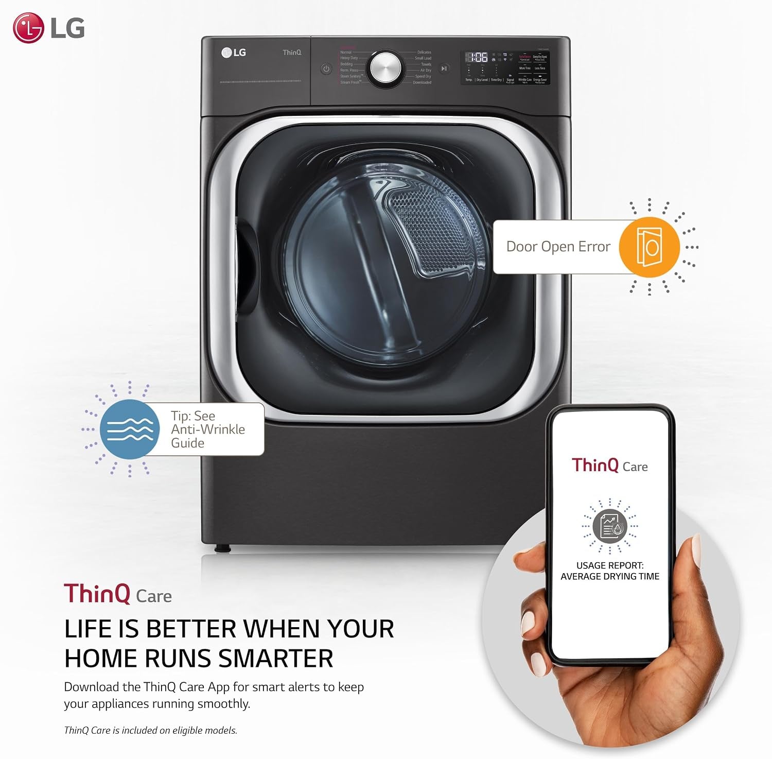 LG 9.0 Cu. Ft. Vented Smart Stackable Gas Dryer in Black Steel with Turbosteam and Sensor Dry Technology