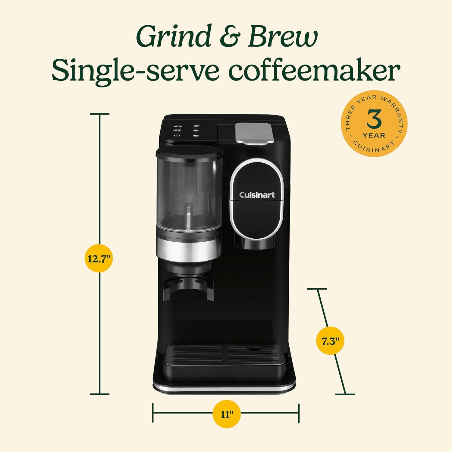 Single-Serve Coffee Maker + Coffee Grinder with 8 Oz., 10 Oz., and 12 Oz. Serving Size, Compatible with Single-Cup Pods, 48-Ounce Removable Reservoir, Stainless Steel, DGB-2