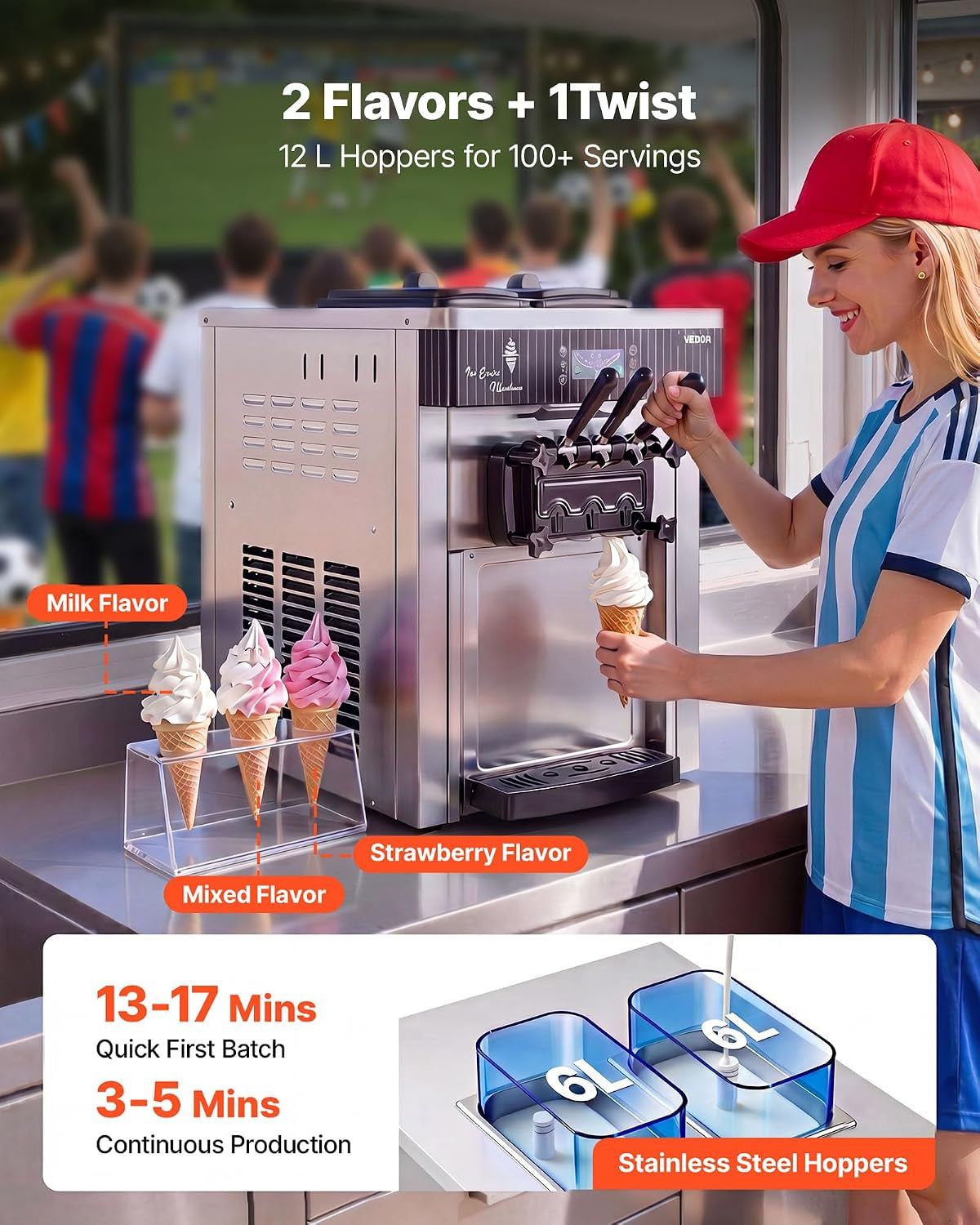 Commercial Ice Cream Machine, 20-28L/H Yield, 2200W 3-Flavor Countertop Soft Serve Ice Cream Maker with 2 X 6L Hoppers & Hopper Agitation, Pre-Cooling Self-Cleaning for Snack Dessert Shops