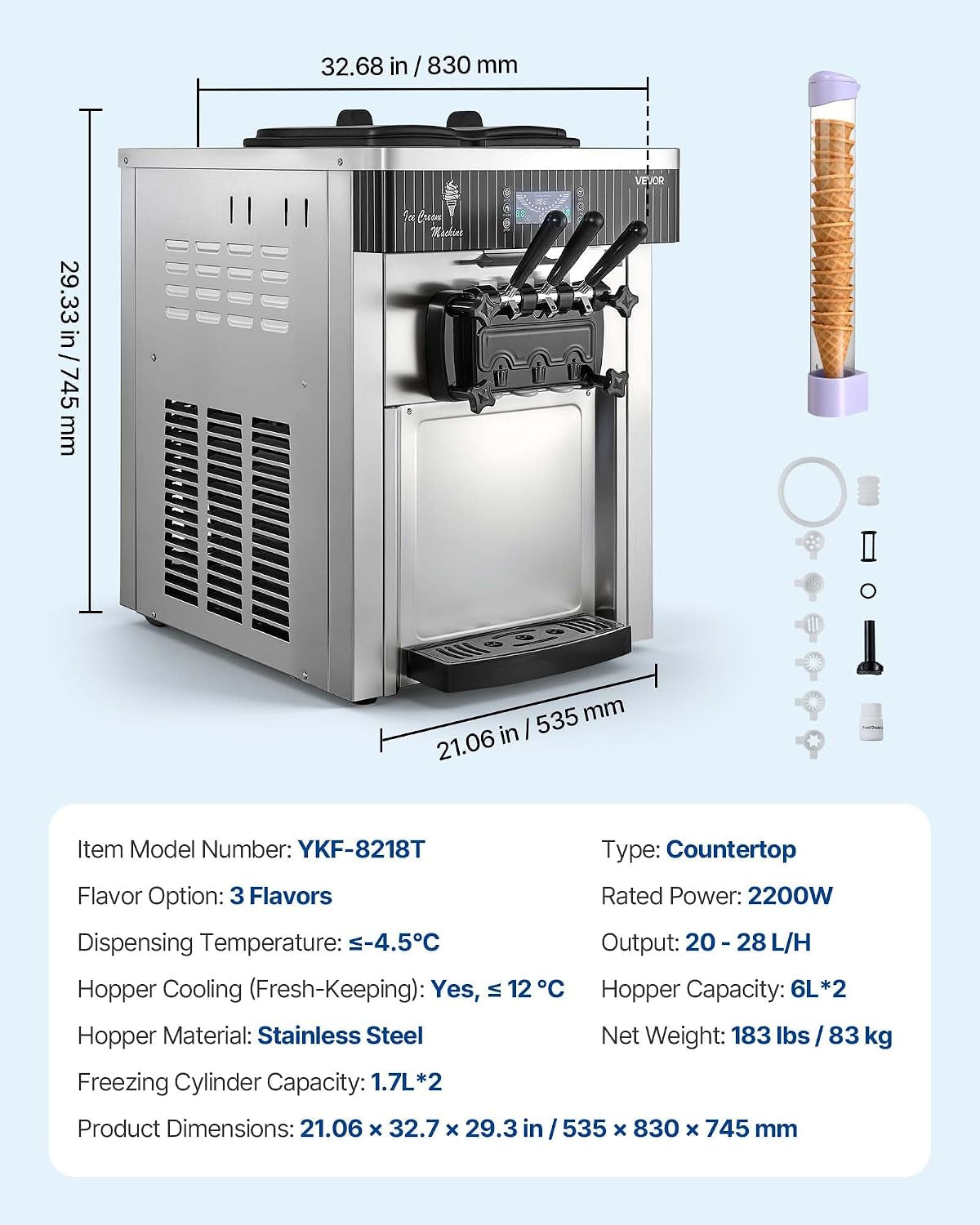 Commercial Ice Cream Machine, 20-28L/H Yield, 2200W 3-Flavor Countertop Soft Serve Ice Cream Maker with 2 X 6L Hoppers & Hopper Agitation, Pre-Cooling Self-Cleaning for Snack Dessert Shops