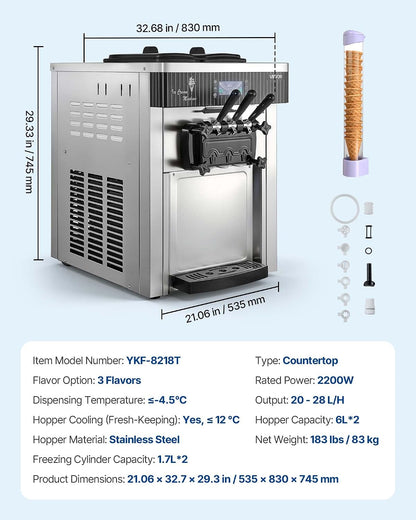 Commercial Ice Cream Machine, 20-28L/H Yield, 2200W 3-Flavor Countertop Soft Serve Ice Cream Maker with 2 X 6L Hoppers & Hopper Agitation, Pre-Cooling Self-Cleaning for Snack Dessert Shops