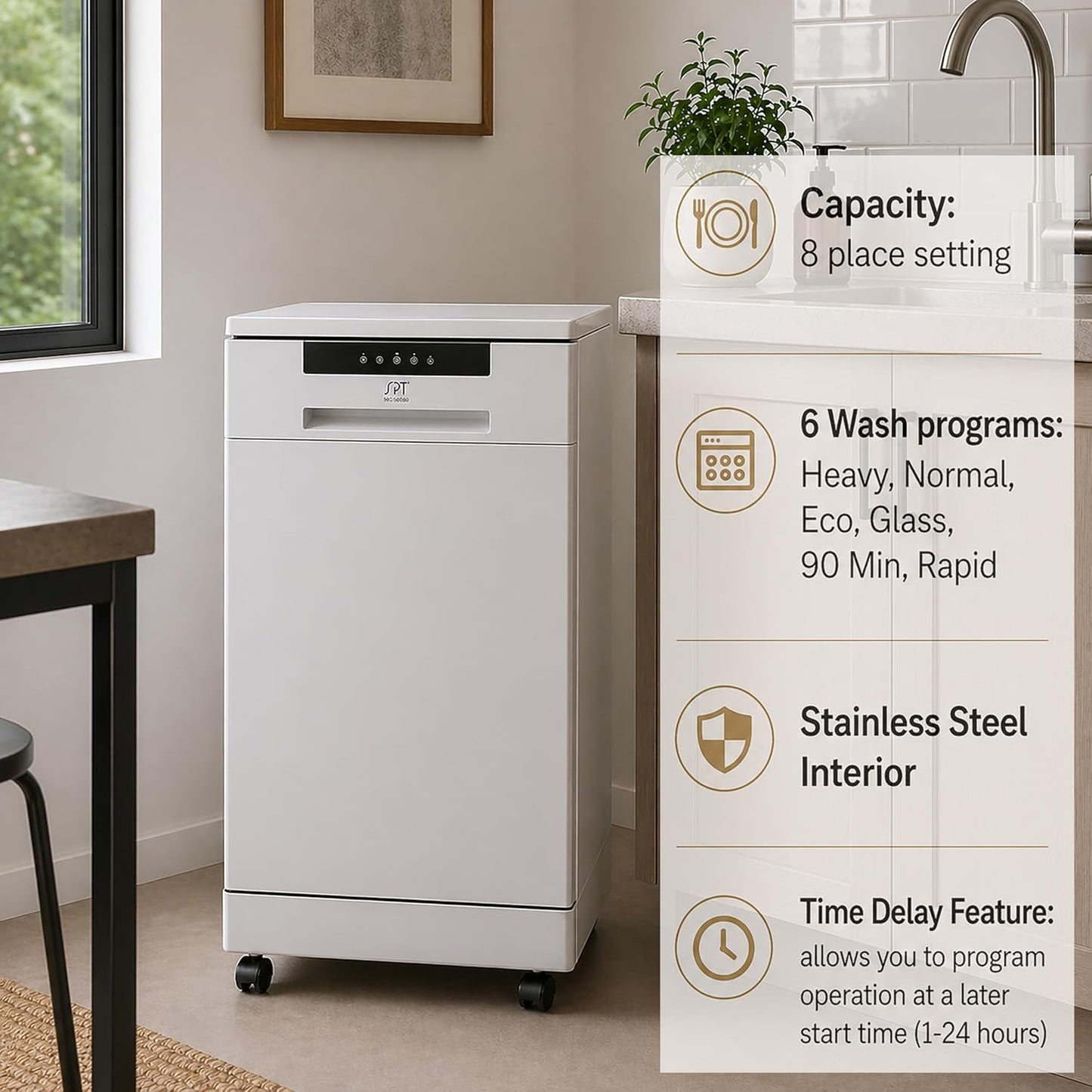 SD-9263WA 18″ Wide Portable Dishwasher with ENERGY STAR, 6 Wash Programs, 8 Place Settings and Stainless Steel Tub – White